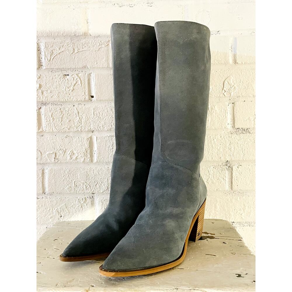 Sam Edelman Blue Gray Suede Knee High Boots Pointed Toe Block Heel 8.5